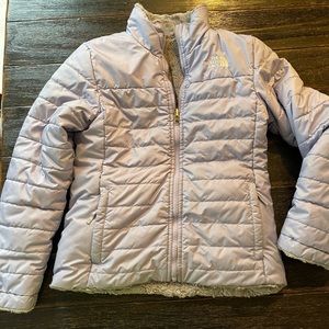 Purple / gray North Face reversible sherpa jacket